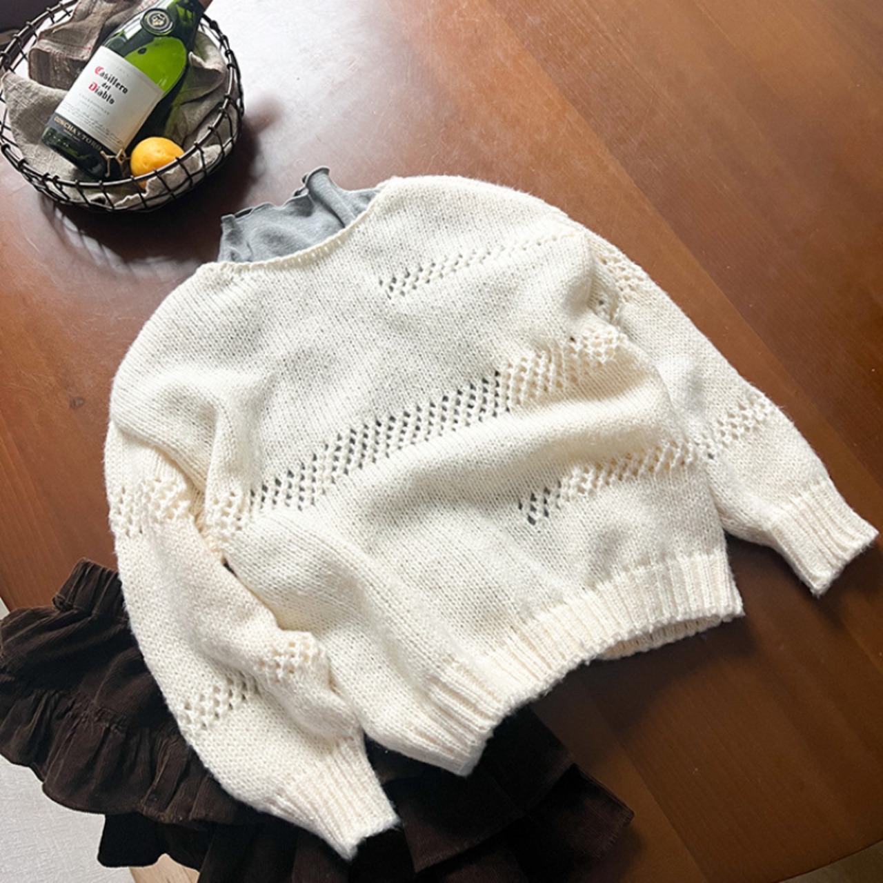 秋オープンワークニットシャツ