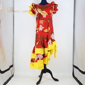 フラダンス 衣装 ワンピース ドレス レッド系 ハワイアンプリント アロハ 植物柄 フラワープリント リボン フリル アシンメトリー レッスン 練習 華やか 鮮やか かわいい イエロー系 大人 おしゃれ エスニック 色鮮やか ロングドレス ショートスリーブ