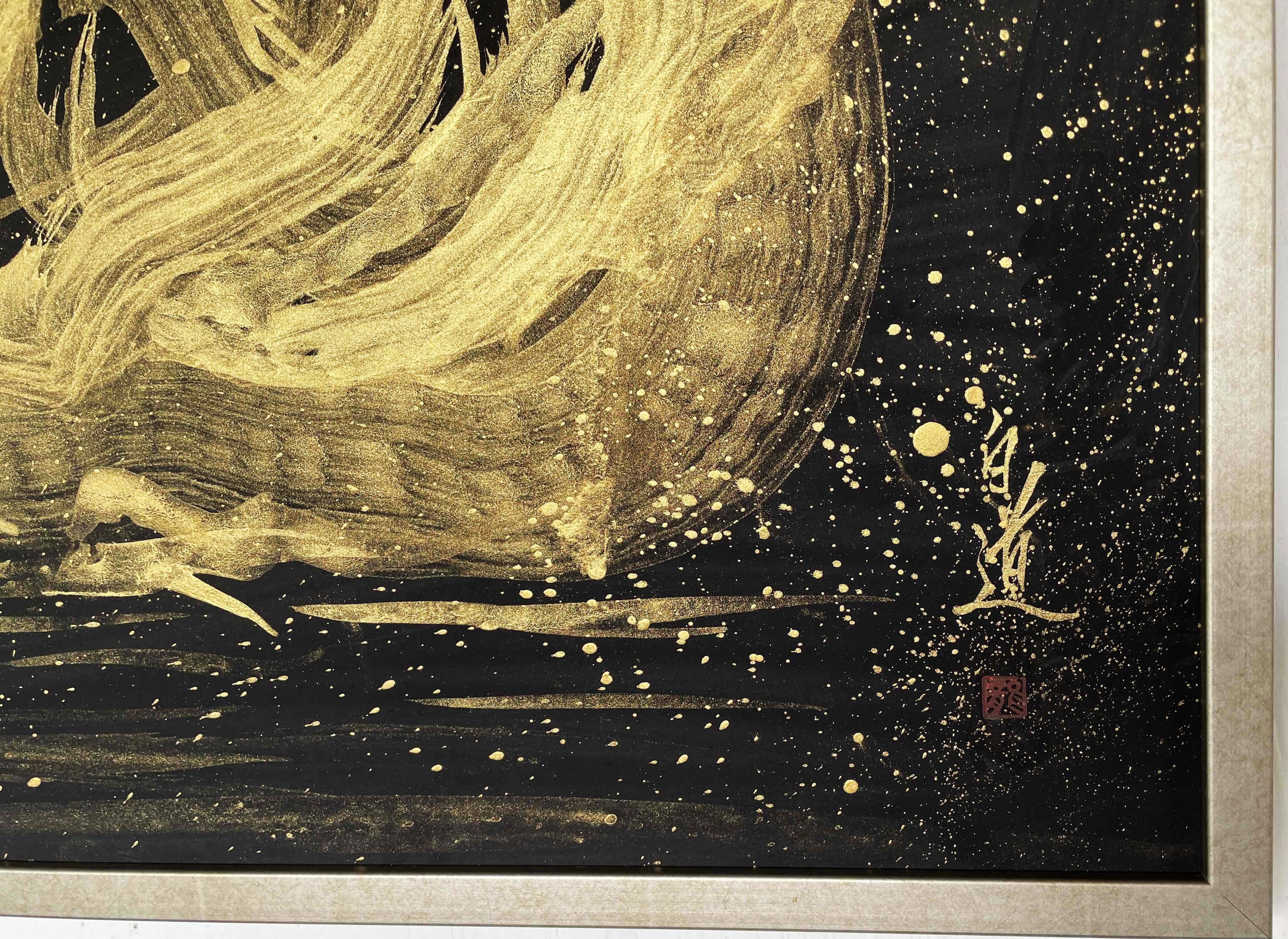 現代水墨画家 絵師白道 「一筆金福龍」（岩絵の具） 直筆作品 証明書