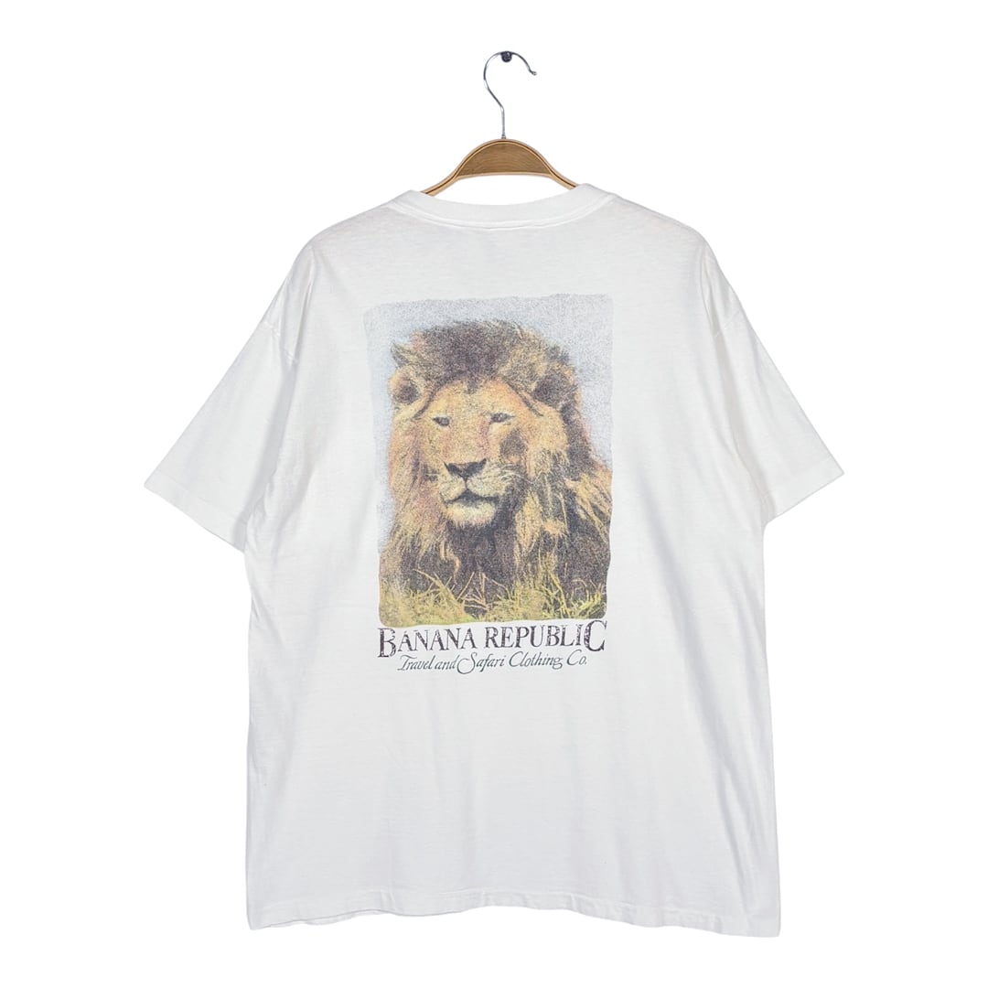 80s 90s バナナリパブリック ライオン ポケT ヴィンテージ Tシャツ ポケット付き バックプリント ホワイト シングルステッチ BANANA REPUBLIC サイズXL相当 古着 BZ0588