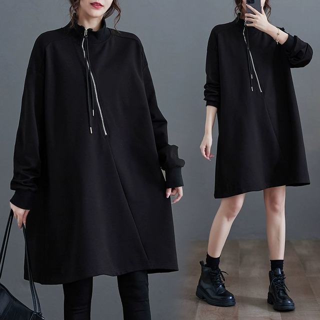 BLACK HIGH NECK HALF ZIP MINI SWEAT DRESS 1color M-10205