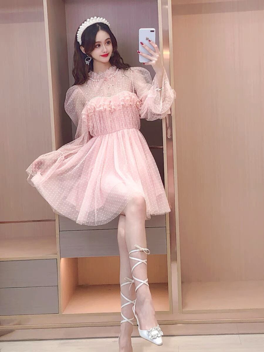 ワンピース ワンピース オフショルダー ガーリー ピンク ドット 水玉