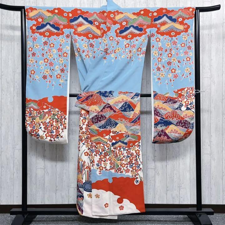 お値下げ栗山吉三郎 水色系 笠 草花 京紅型 振袖 落款り 【公式通販】