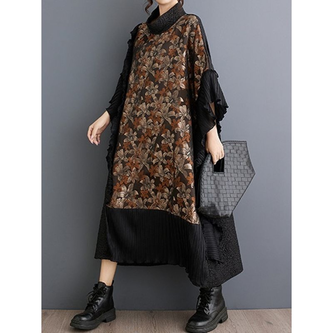 スタンドカラー 切り替えデザイン プリントチュニック  00099