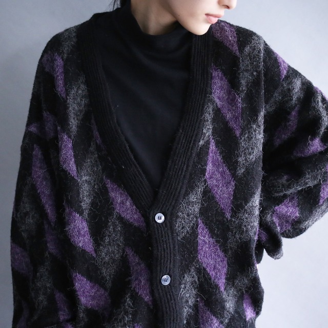 "モケモケ"  mohair motif knit argyle pattern loose silhouette 4b cardigan