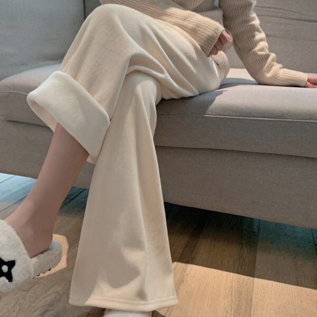 あったか 起毛 厚手 ワイドパンツ カジュアル スリムフィット シンプル