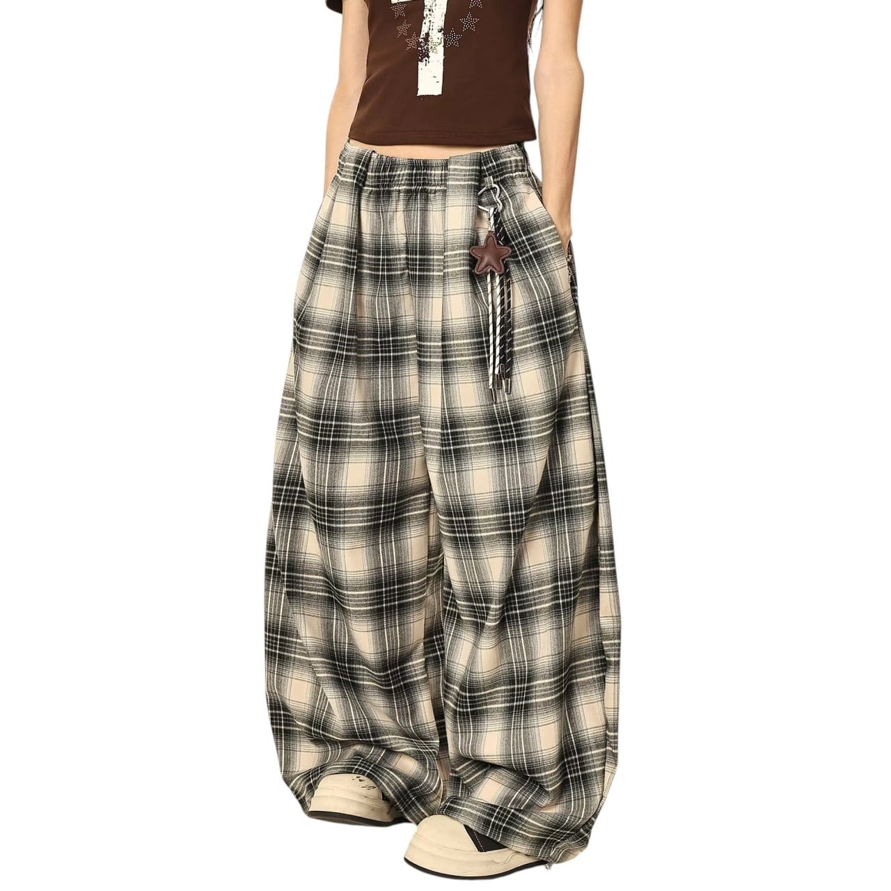 レトロチェックボリュームワイドラインパンツ 1col R02082