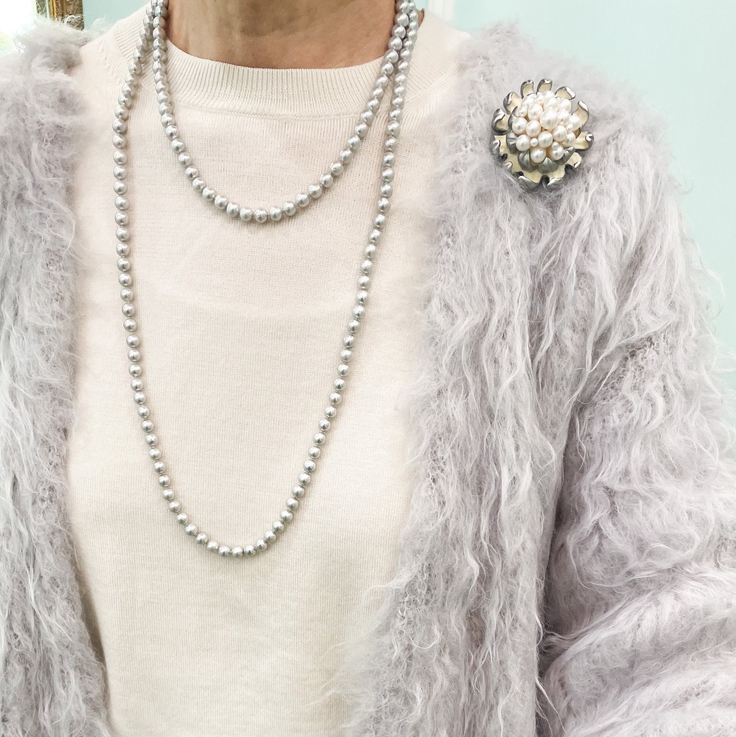 真珠ネックレス　四つ葉オニキス　ロングタイプパール