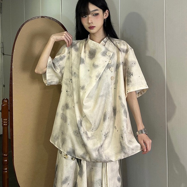 ファッション 女子 半袖シャツ アシンメトリー ボタン スタンドネック チャイナ風 中華 レトロ 闇かわいい ストリート系｜天使と悪魔
