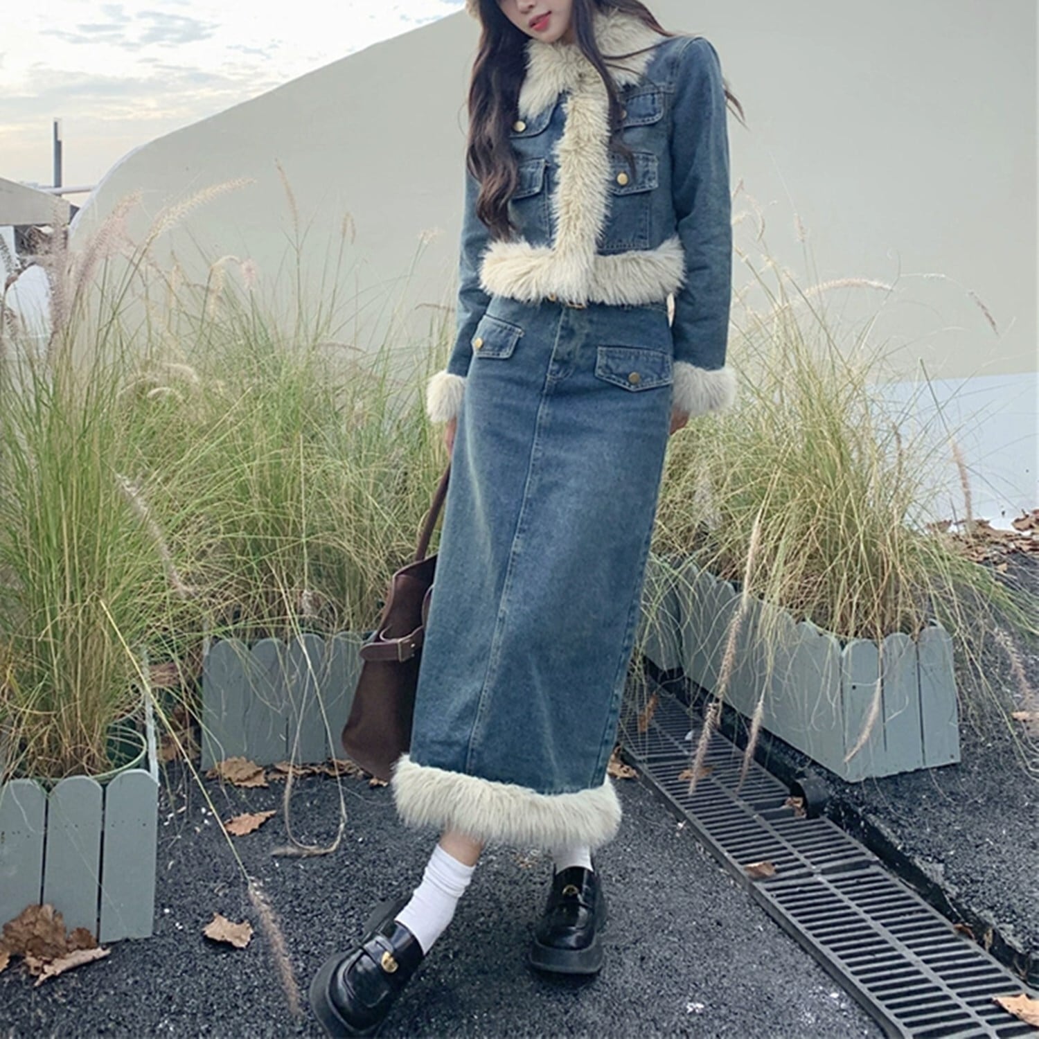 set】ファー付きデニムジャケット×ロング丈スカートセット N2332