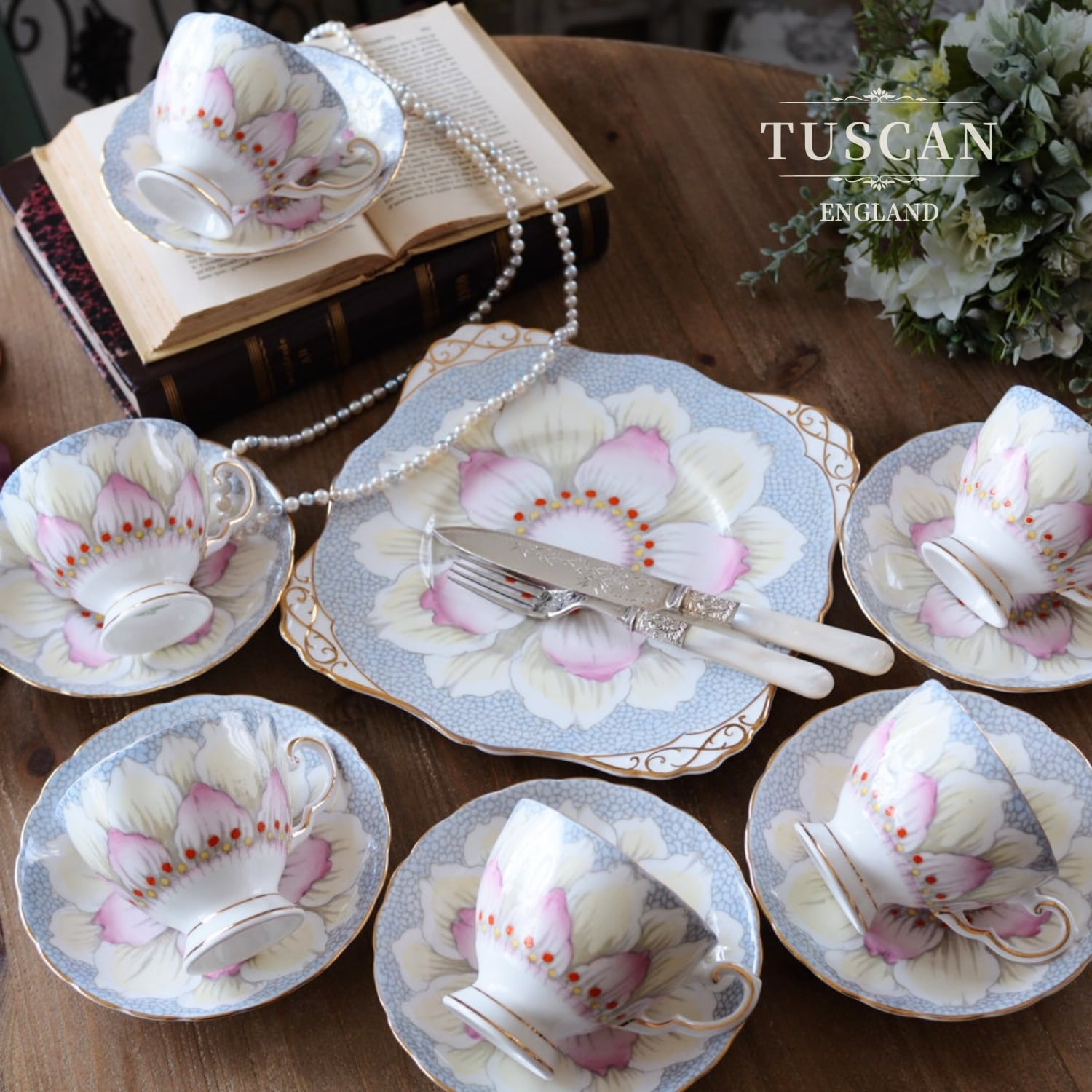 希少 アンティーク 英国タスカン窯トリオ &クリーマーとシュガーポット セット タスカン | antique FEELPORT アンティーク食器の専門店