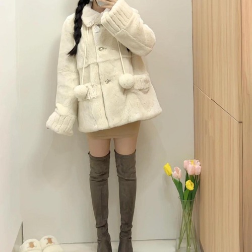 2色/ポンポンリボンファータッチショートコート ・79250