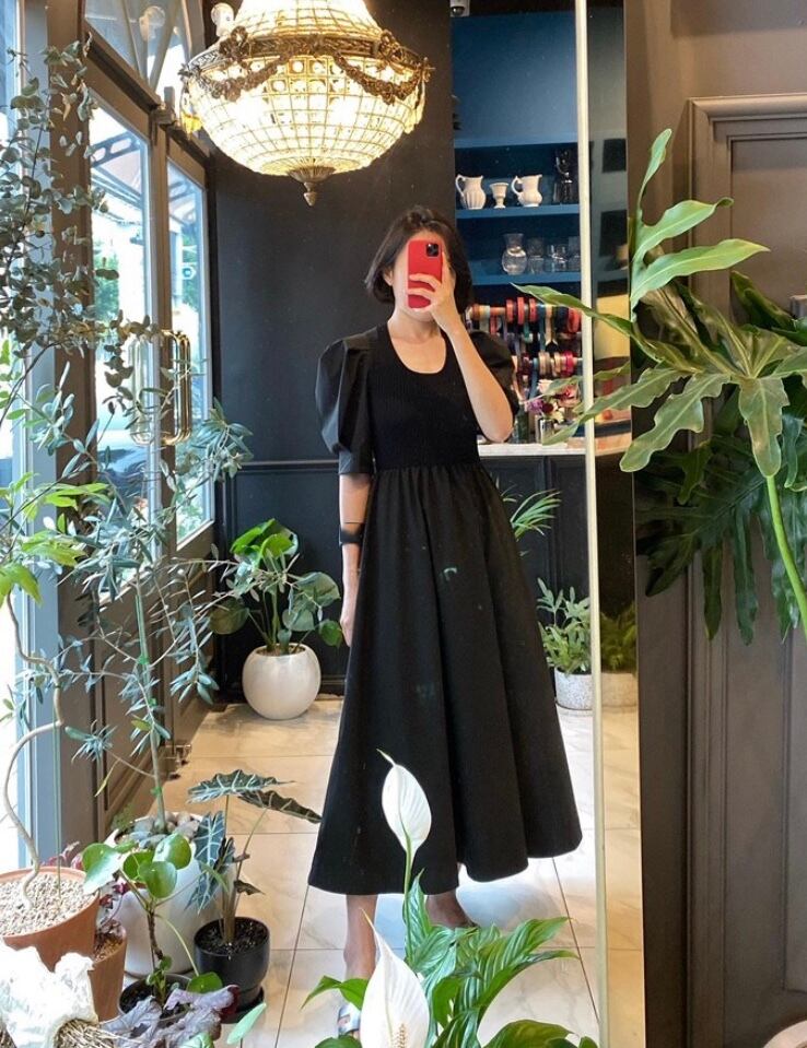 パフスリーブリブドッキングワンピース | seaaddress