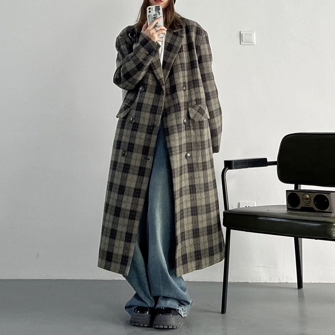 CHECKERED COLLARED V-NECK DOUBLE BREAST LONG WOOL COAT 1color M-15037