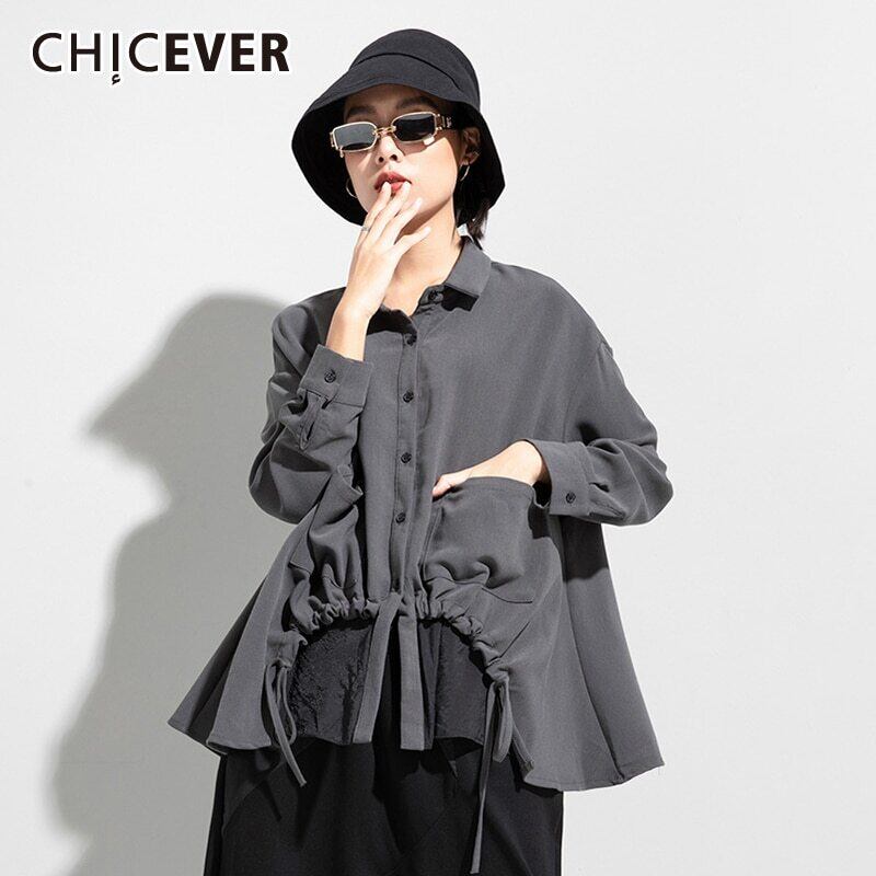 CHICEVERルーズコートレディースラペル長袖パッチワークフェイクツードローストリングシャーリングコート秋 ロング オータム 秋物 6base572959591267