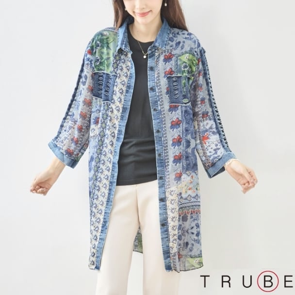 デニムシャツ ボタニカル 総柄 パッチワーク ロングシャツ N72-600 TRUBE L LL fmsd 上品 ゆったり 体型カバー きれいめ ミセス 春夏 エレガント リゾート