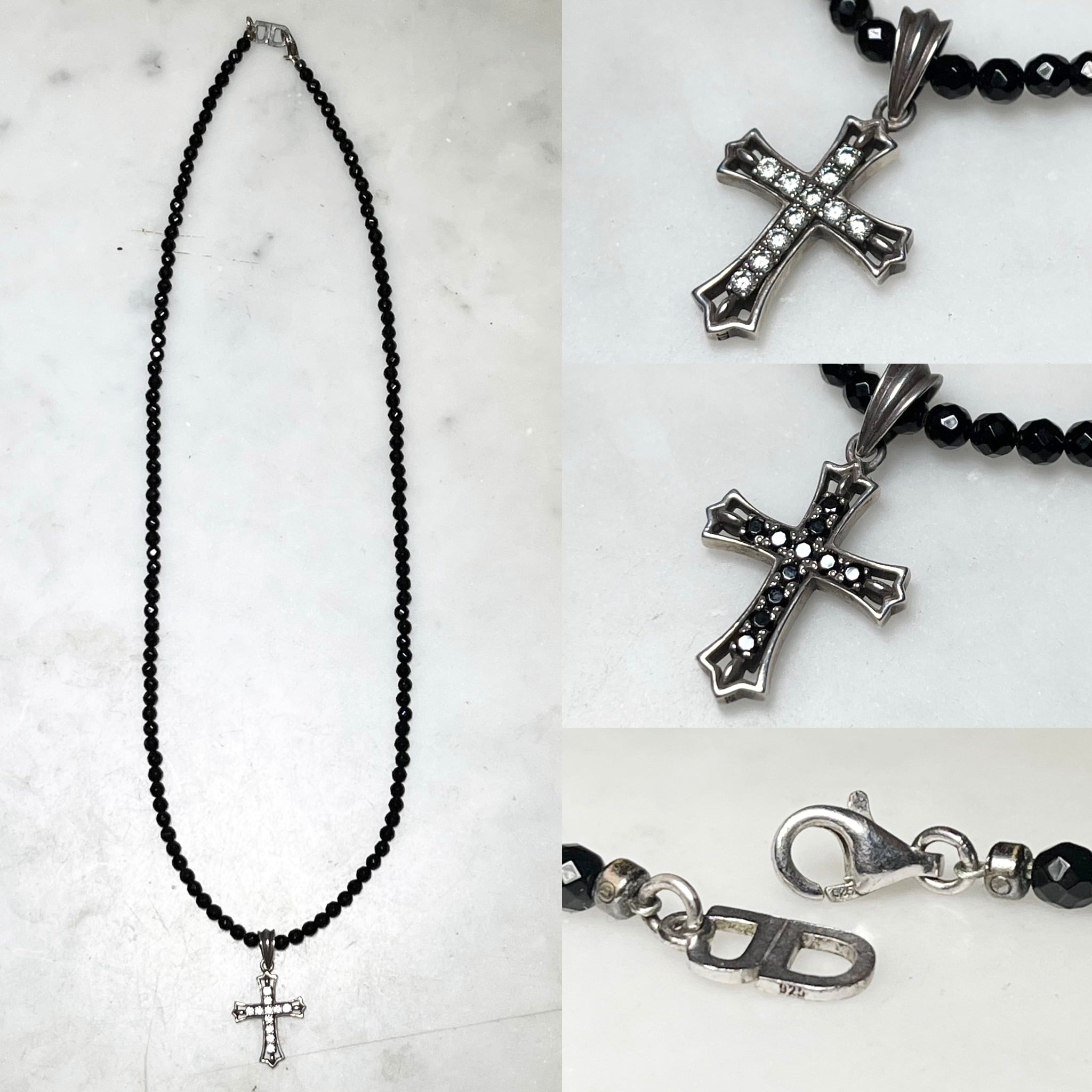 JUSTIN DAVIS silver cross pendant necklace with tiny onyx chain