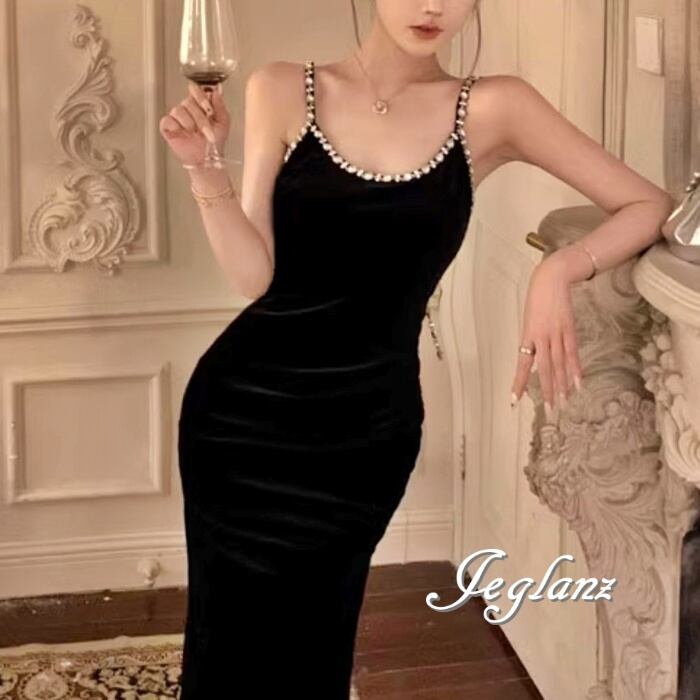 パーティ キャミワンピース ビジューストラップ リボン付き スリット入り(M7439)ζ