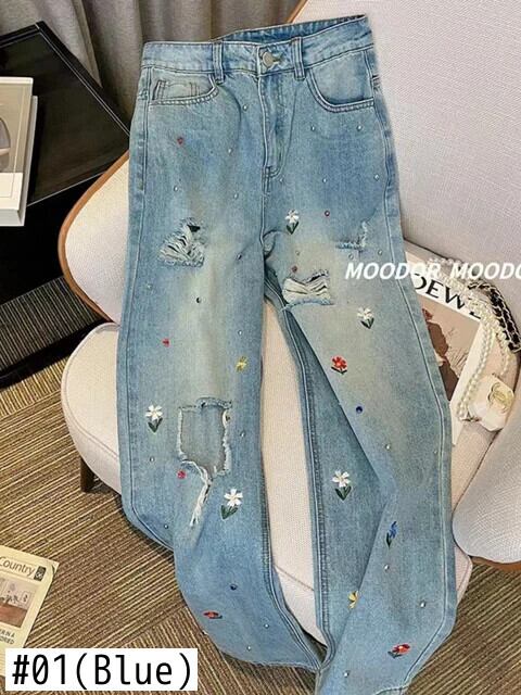 花刺繍ストレートリッピングデニムパンツ女性 2023 夏ビーズウエスト