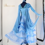【社交ダンス衣装】ブルー leirena レイリーナ ワンピース ドレス フリル 水色 フロート 花柄 上品 綺麗 かわいい 青 長袖