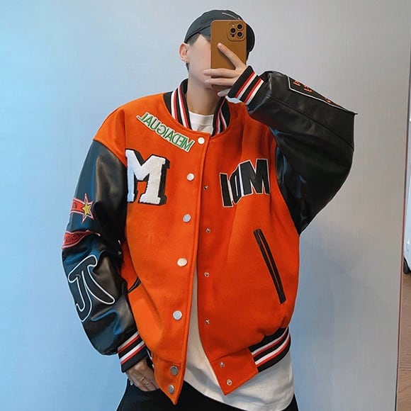 スタジャン アメカジ デカロゴ 両袖 レザー 切替 L ネイビー オレンジ スタジャン アメカジ デカロゴ 両袖 レザー 切替 L ネイビー オレンジ