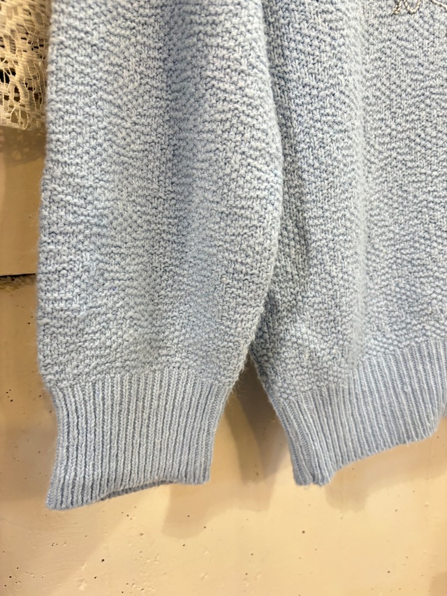 50's pale blue flower embroidery rhinestone chenille knit cardigan