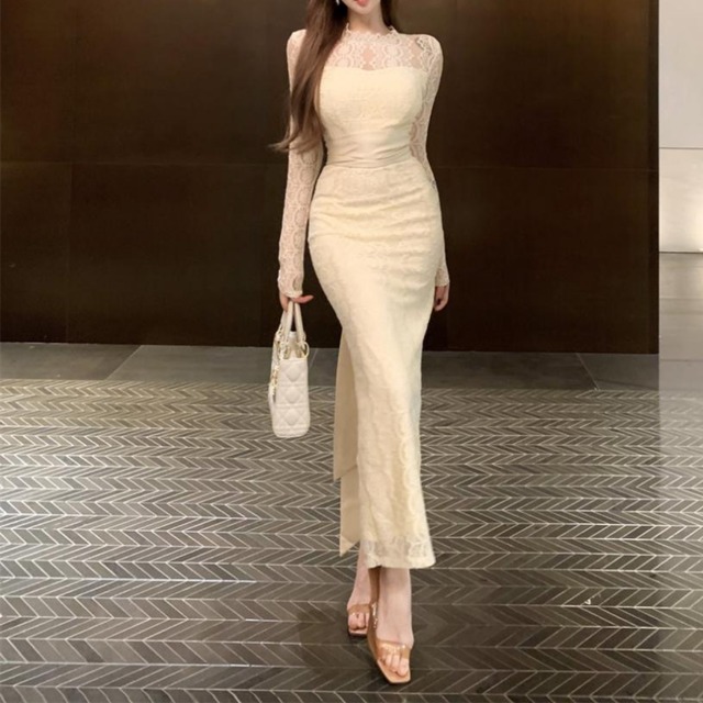 Stand collar elegant lace stitch strap long dress