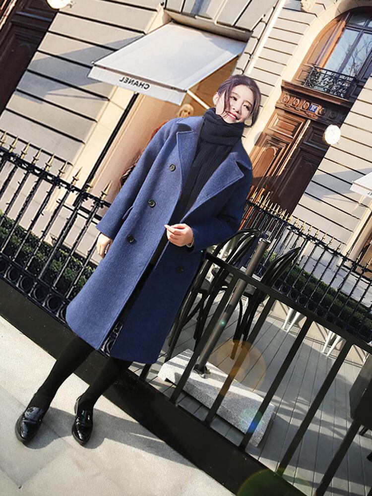 チェスターコート ウール ロング コート アウター レディース 厚い ダブルブレスト フロントボタン 襟付き スーツ襟 ベーシック 定番 シンプル 無地 袖あり 長袖 ポケット付き ミディアム ゆったり ルーズ 体型カバー お洒落 おしゃれ 大人 上品 通勤 通学 学生 お出かけ