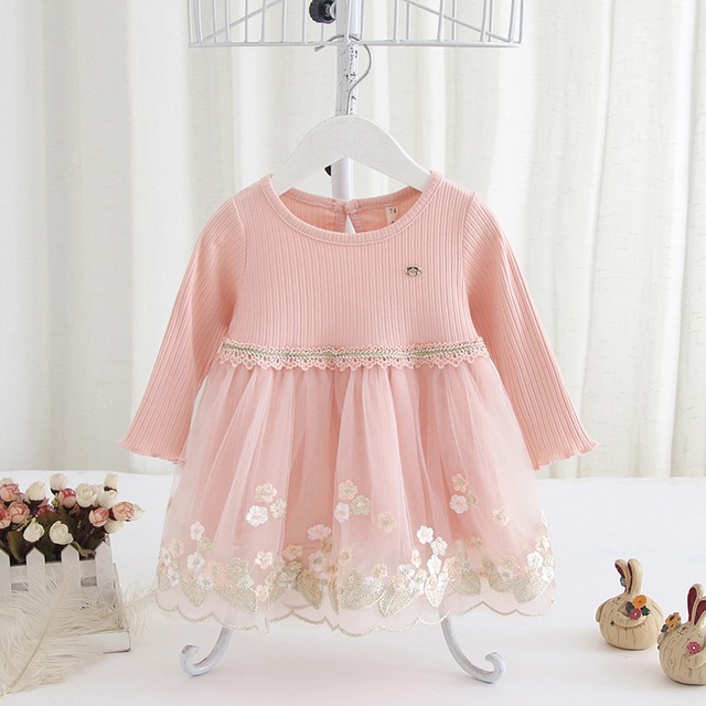 お花刺繍の長袖ニットチュールワンピ(ピンク)