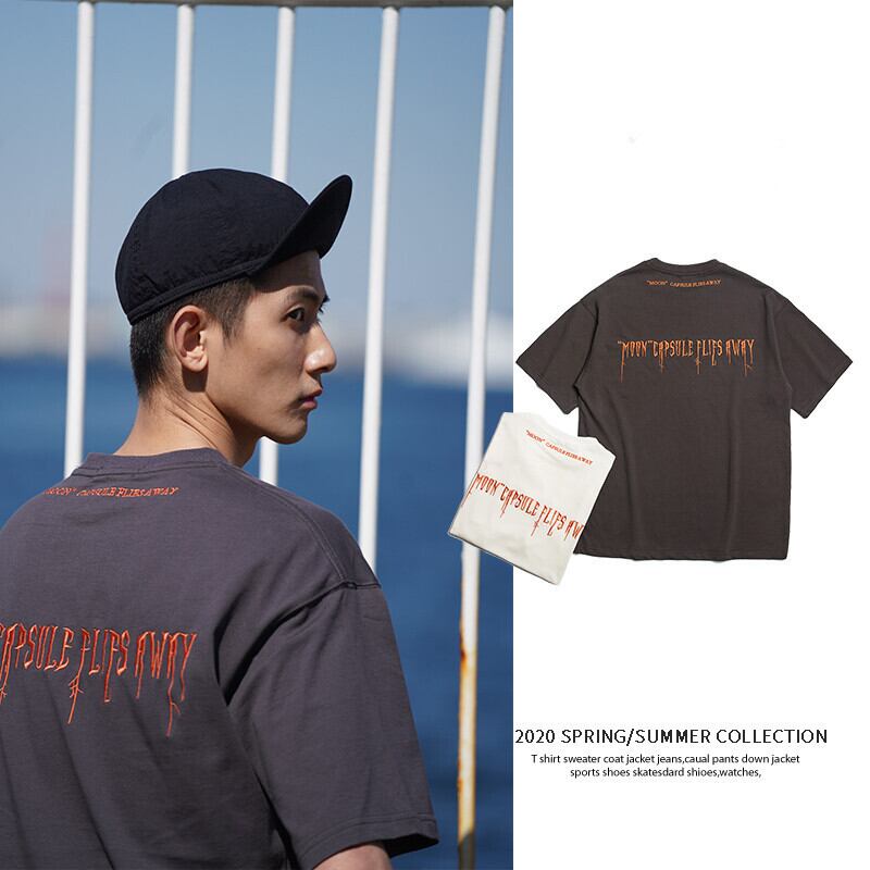 Clothes Road Vintage Summer ese Simple LetterEmbroidered半袖TシャツBoysLoose BaseTop-アリババ ショート レッド ハーフスリーブ 刺繍 サマー 夏物 ビンテージ hip6-16112822914559