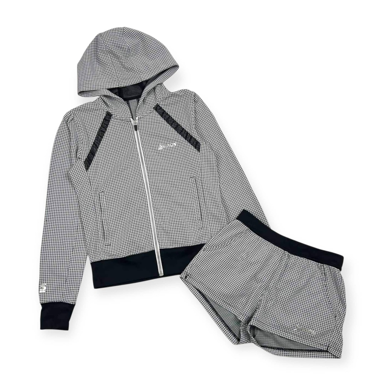 上下 SRIXON スリクソン 千鳥柄 セットアップ パーカー ショートパンツ M/ブラック×ホワイト レディース ゴルフ