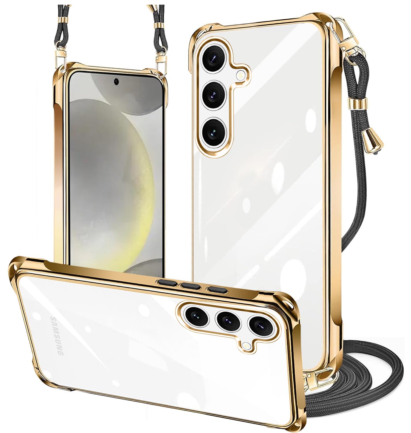 PAILAIMEN Galaxy s24 /s25 ケース クリア ネック ショルダー SC-51E/SCG25 ケース 耐衝撃 対応 サムスン ギャラクシー S24/s25 スマホケース 肩掛け 斜めかけ 縄掛け カバー メッキ加工 透明 TPU 薄軽型 ストラップ付き 携帯ケース ネックストラップ ショルダー 肩掛け 長さ調整可能 取り外し可能 落下防止 擦り傷防止(ゴールド)