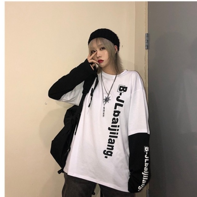 韓国 ファッション 原宿系 レディース 重ね着風 袖 ロゴ サブカル系 長袖 アメカジ 衣装 スケーター オルチャン 英文字 ストリート 韓国 Basecamp49