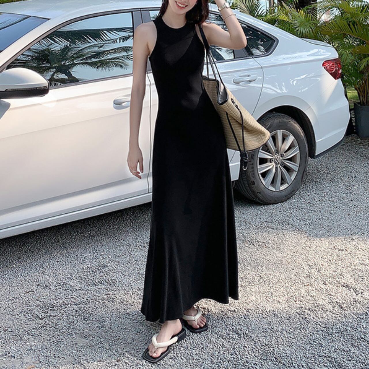 ノースリーブ リブニット Aラインワンピース A4132