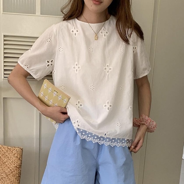 natural flower lace puff sleeve blouse