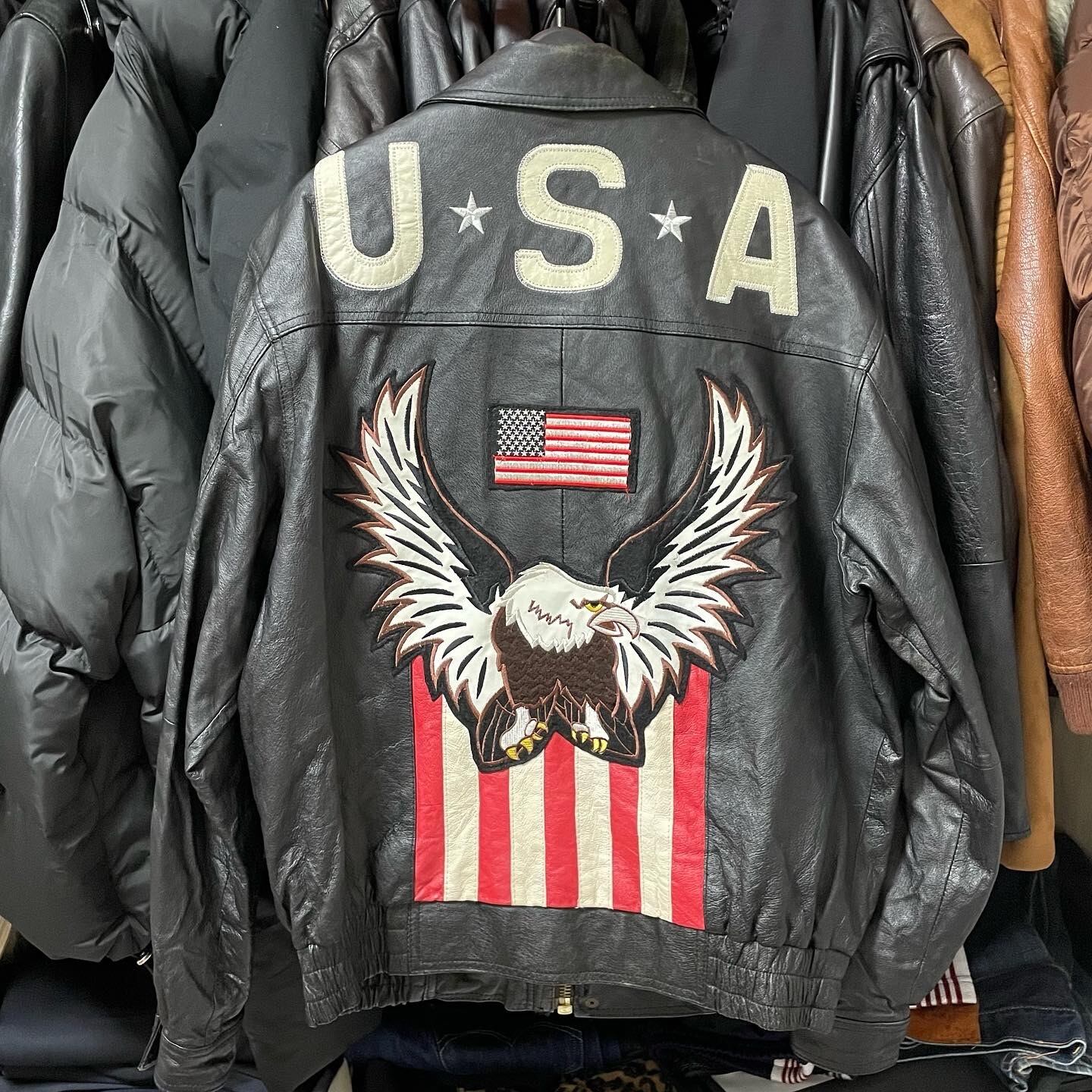 VINTAGE レザージャケット シングルライダース ブラック USA 古着 黒 LENZIP デカロゴ USA 鷲 ワシ