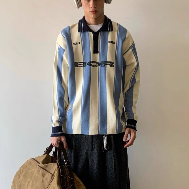 American Style Letter Colorblock Striped Collared Knit Sweater (FD043)