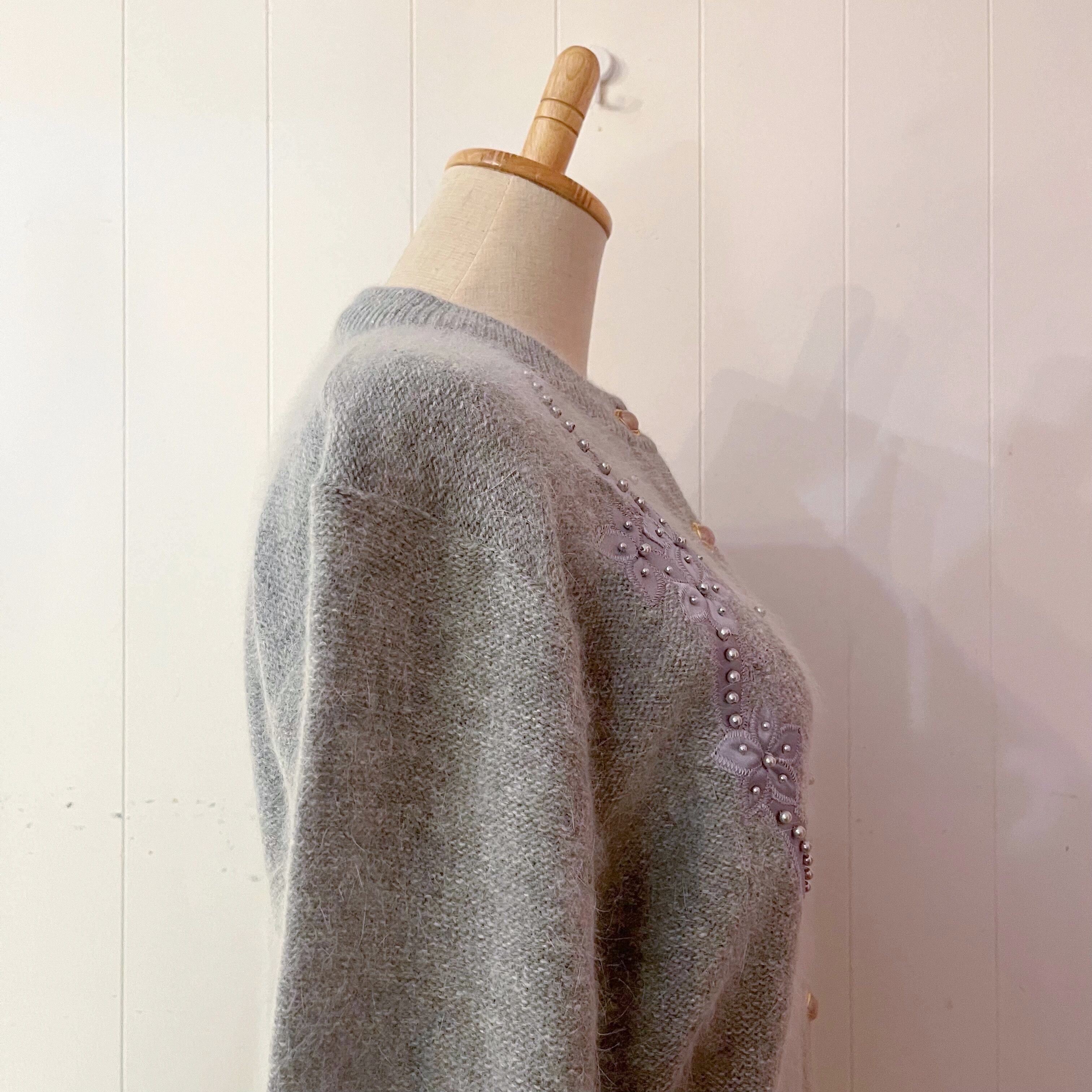 gray flower beads knit cardigan