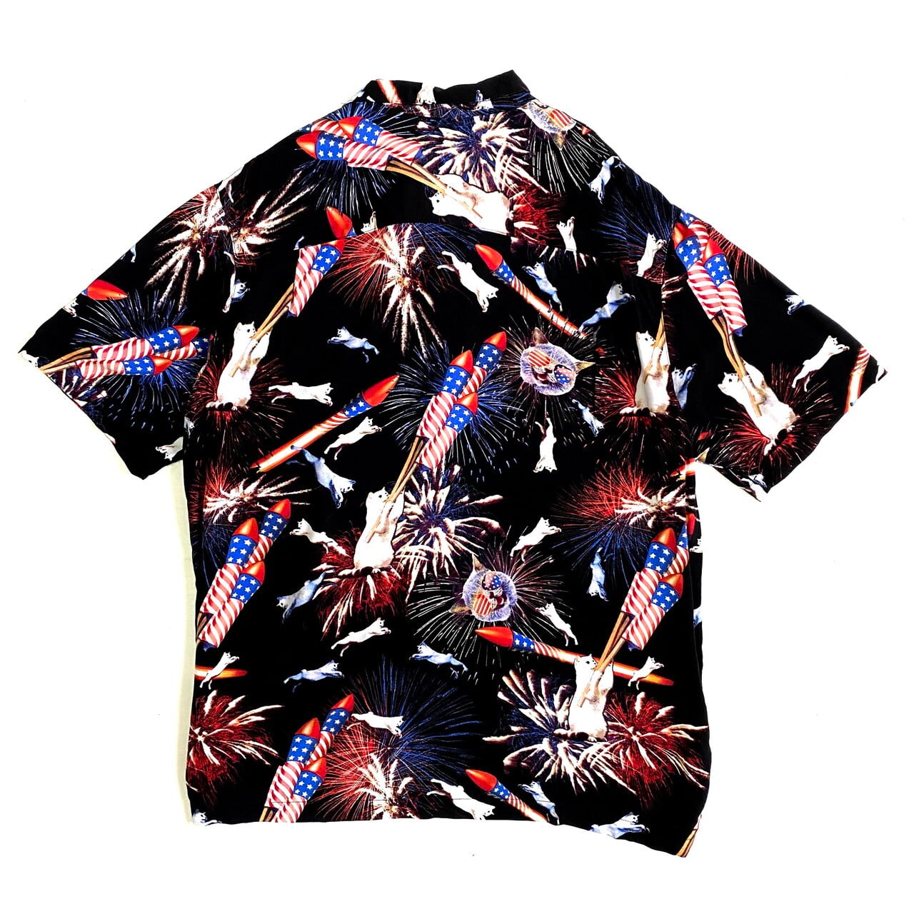 GEORGE 開襟 オープンカラー 半袖 総柄 猫 アニマル 花火 アメリカ