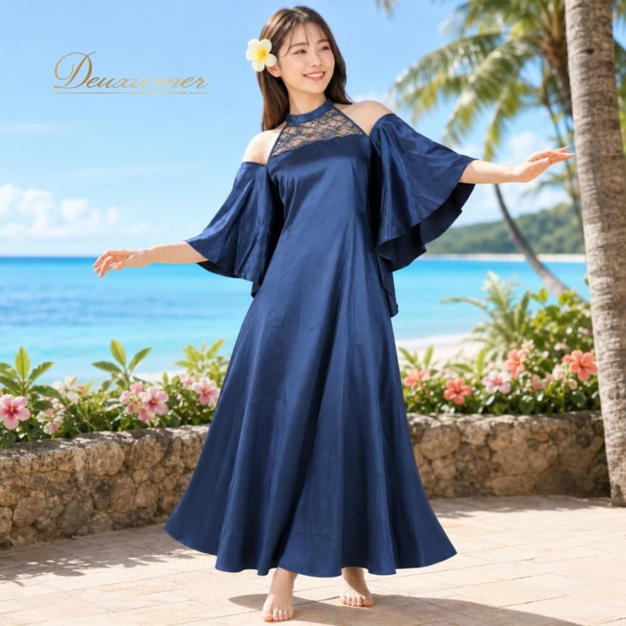 フラダンス 衣装 BLUE HEAVEN COMPANY ブルーヘヴンカンパニー ワンピース ドレス ネイビー系 紺 サテン生地 光沢感 レース フレアスカート ハワイアン アロハ フラ ダンス レッスン 練習 ハワイアンダンス 無地 シンプル 高級感 華やか かわいい おしゃれ 上品 大人っぽい