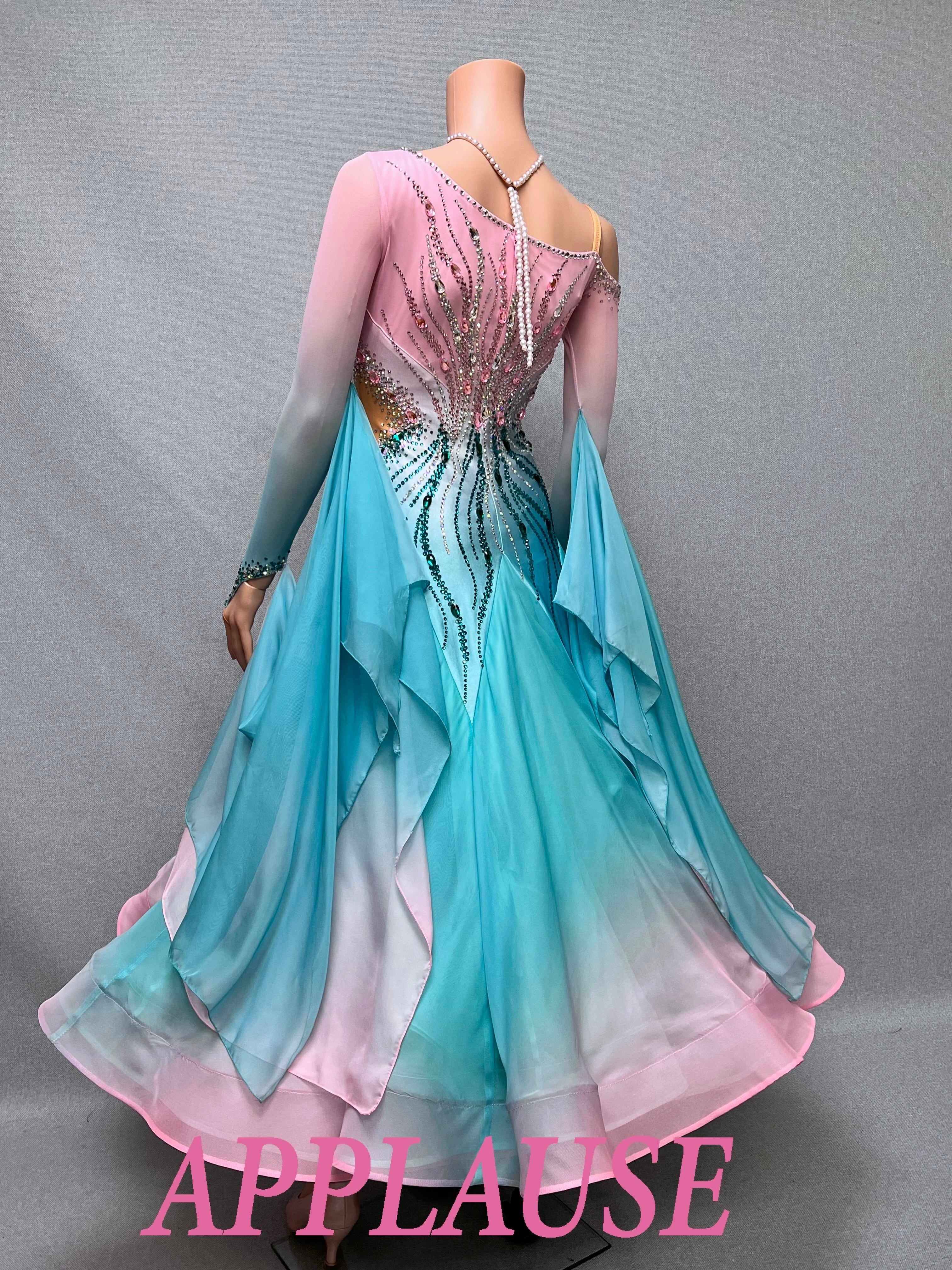 【新着】社交ダンス ドレス　モダン　スタンダード ドレス　　ST-26-6　　ピンク＆グリーン　M　デモ・競技用ドレス　発表会　衣装　パーティドレス　ワンピース　舞台衣装