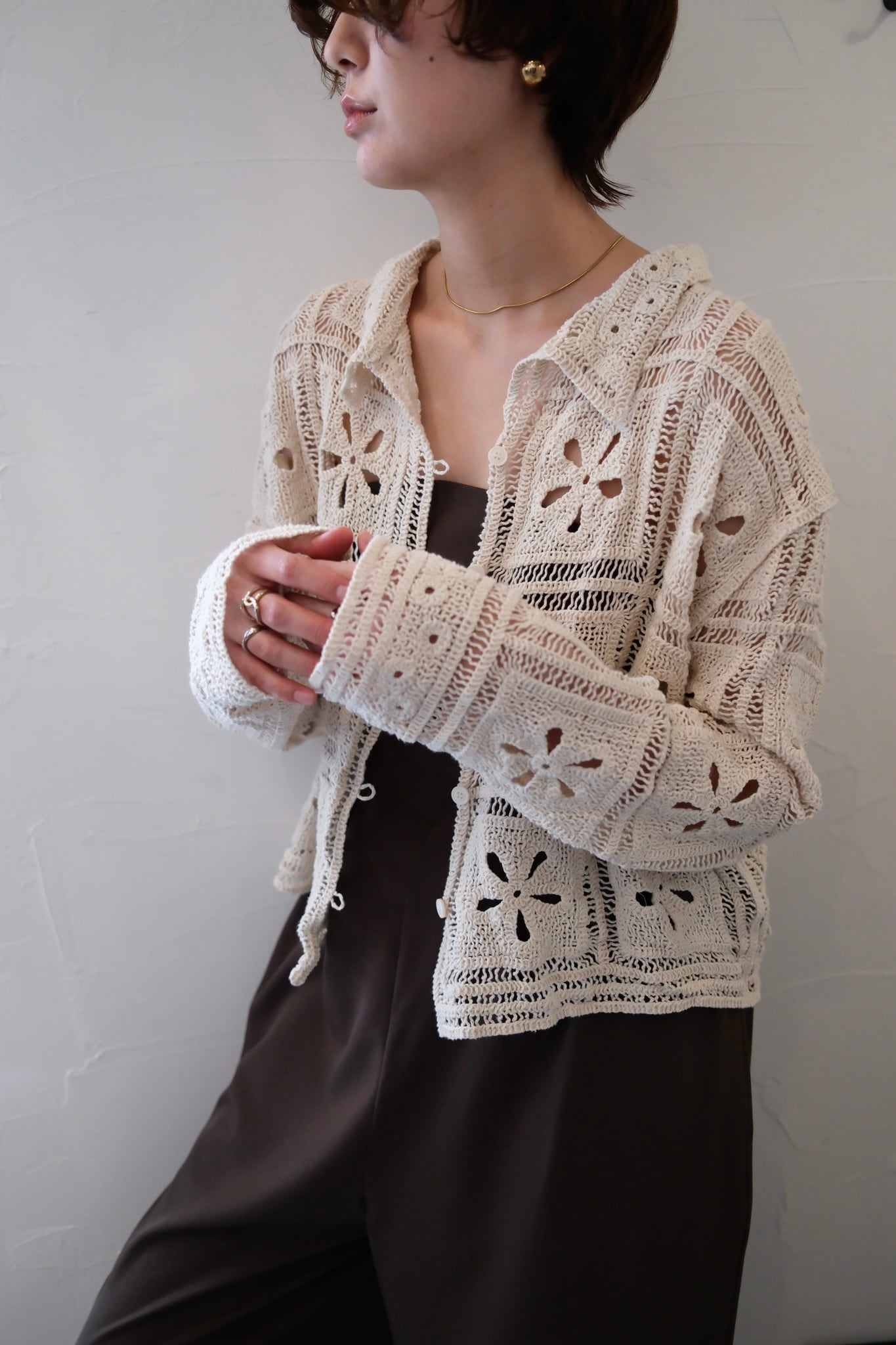 Crochet Knit Cardigan カギ編みニットカーディガン White | planet3rd