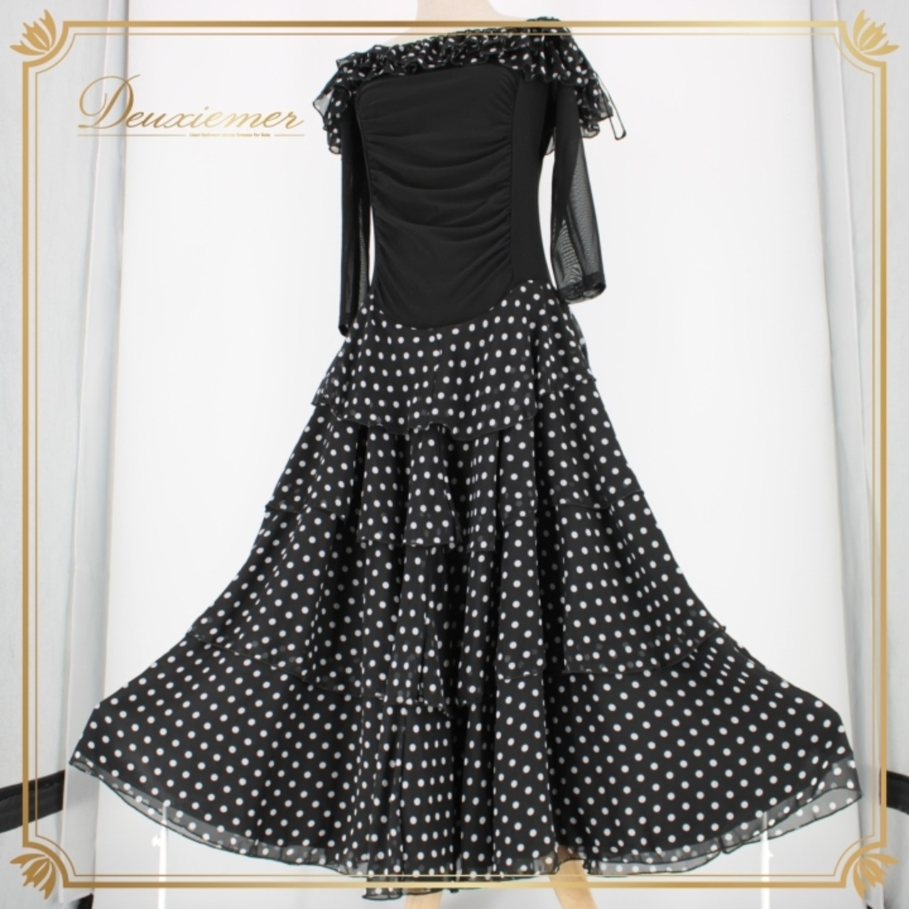 社交ダンス 衣装 スタンダード ドレス ワンピース パーティドレス ドット 水玉 白 黒 ICHIOKU イチオク ホワイト系 ブラック系 レース フリル レトロ 可愛い スカート フレア ゆったり おしゃれ 独特 デザイン 膝下 伸縮性 ポリエステル ポリウレタン 女性用 特別な日 お祝い 旅行 アウトドア イベント