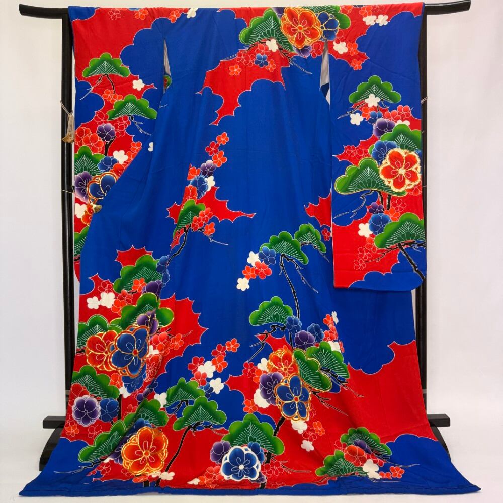 本振袖 引き振袖 青 正絹 花柄 古典 刺繍 結婚式 裄67cm 身丈188cm 花嫁衣装 Lサイズ 6282