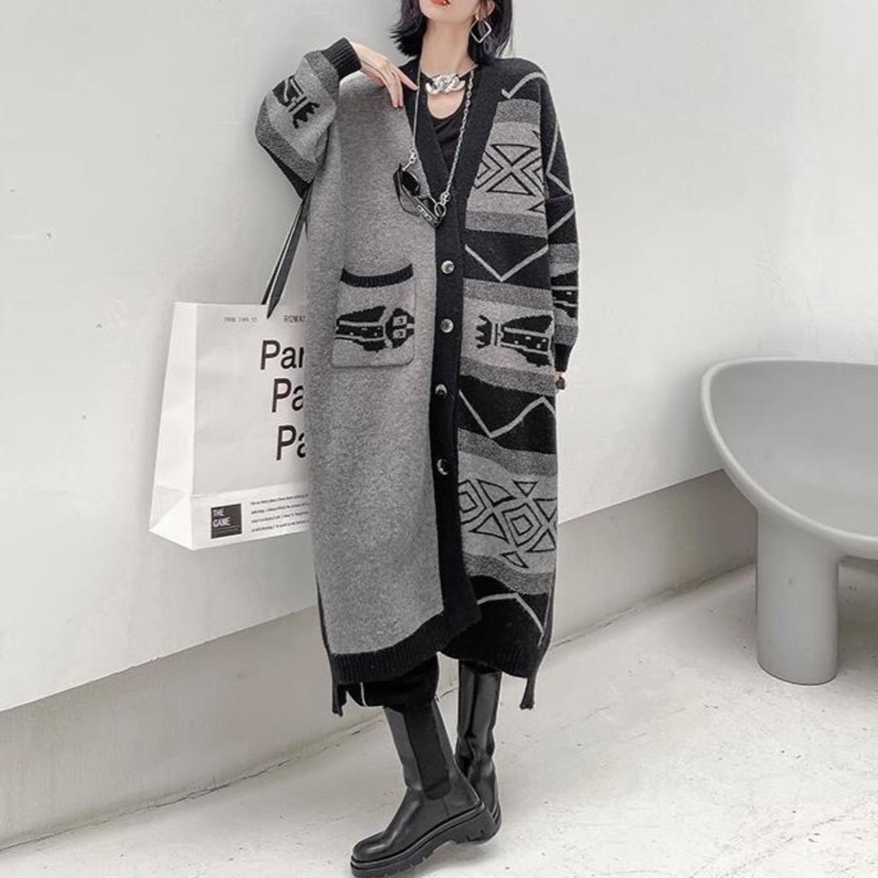 Two Color Knitted Long Coat / ツーカラー ニット ロング コート