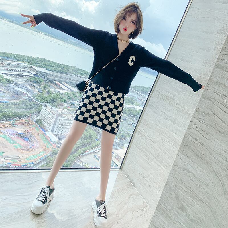 薄手カーディガンジャケット 格子柄ニットスカート セット MIUCO9445477415