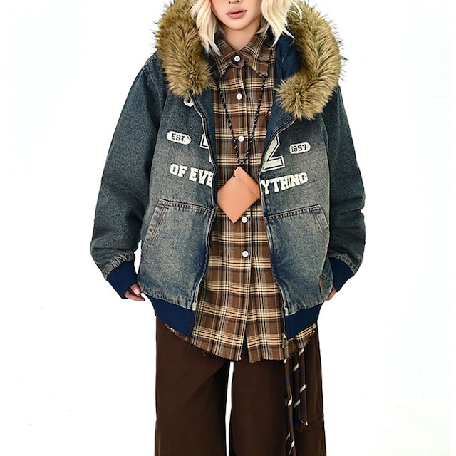 デニムライクロゴボリュームフードブルゾン 1col R01249