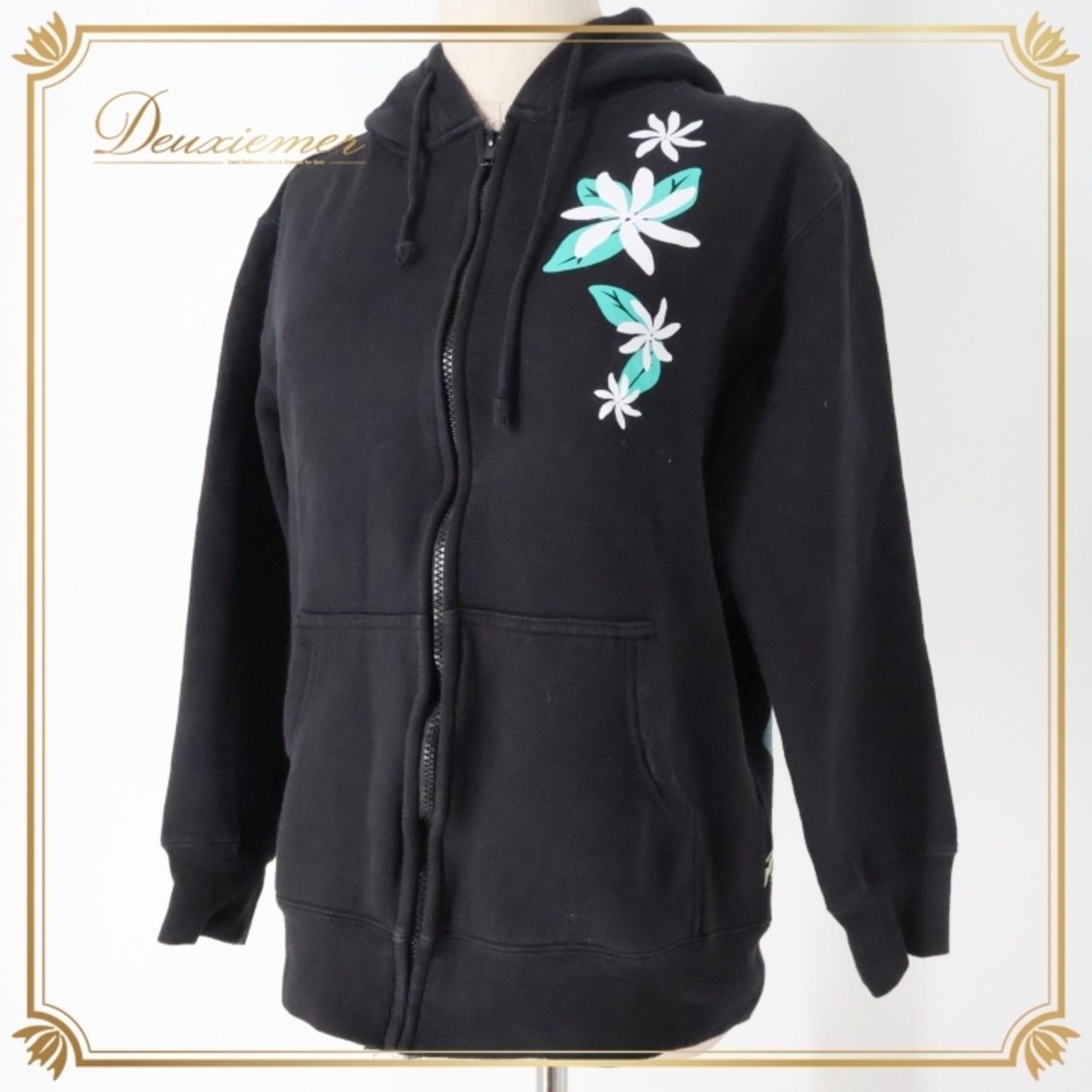 フラダンス 衣装 パーカー ジップパーカー マウナロア ブラック系 Maunaloa 裏起毛 ワンポイント ティアレ柄 ワンポイント シンプル かわいい 黒 白 緑 ハワイアン アロハ ハワイアンプリント フラ ダンス レッスン 練習 カジュアルファッション