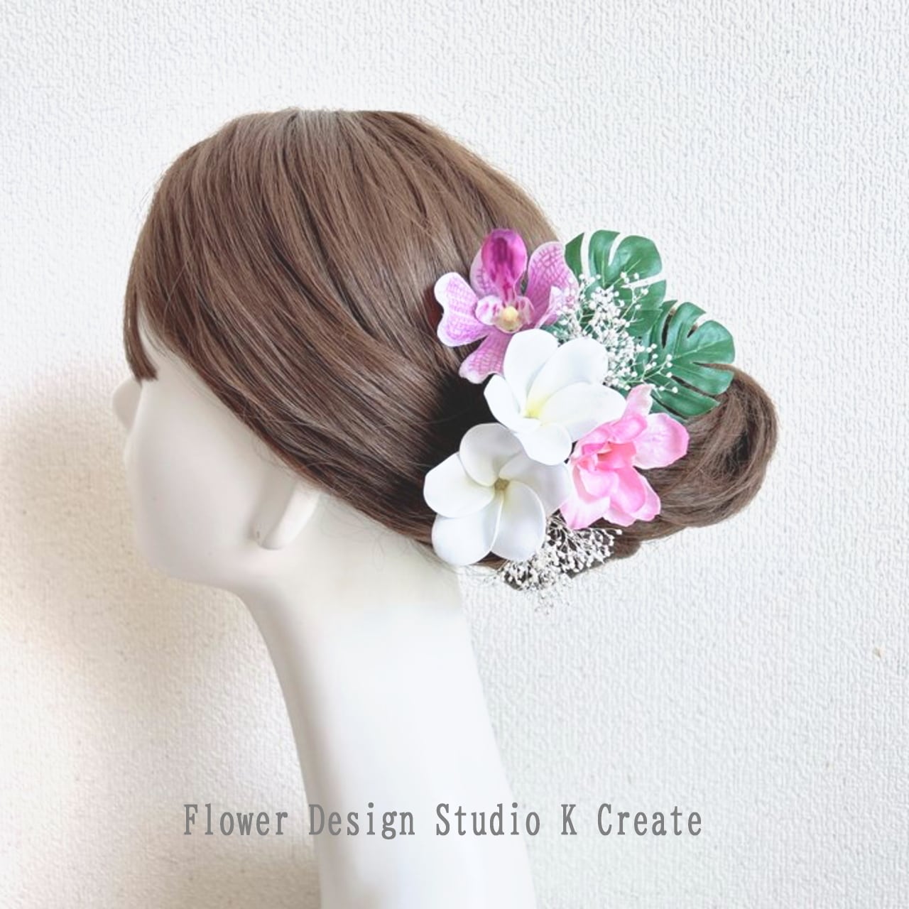 プルメリアとオーキッドのヘッドドレス 結婚式 ヘッドドレス 紫 ピンク ウェディング 花嫁ヘア プルメリア オーキッド 白 リゾ婚