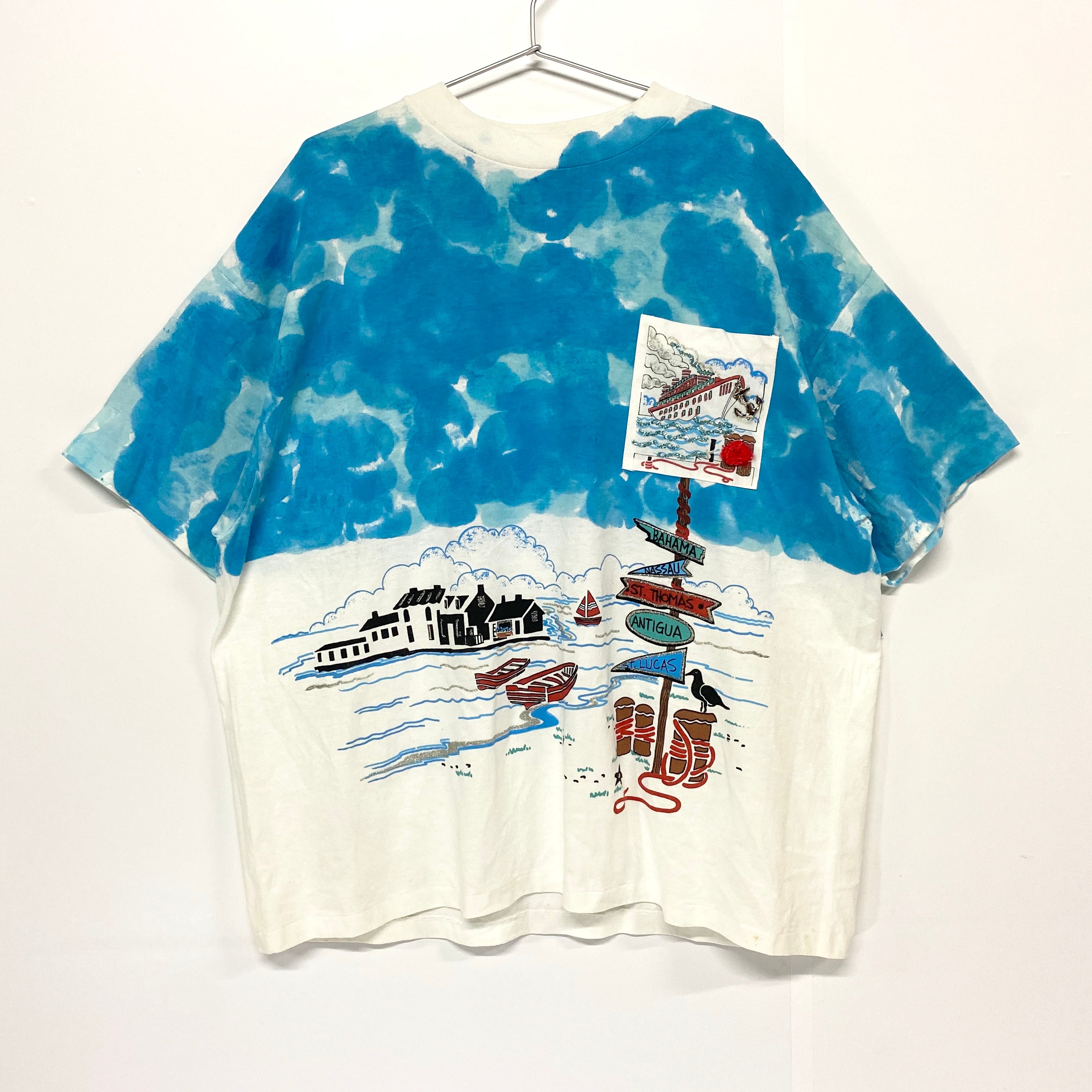 90年代 EZL 海 手書き ペイント ラメ入り プリントTシャツ